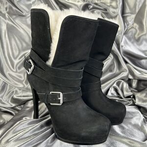 Pour La Victoire Black Lizzie Suede Ankle Stiletto Boots Faux Fur Trim Size 6.5